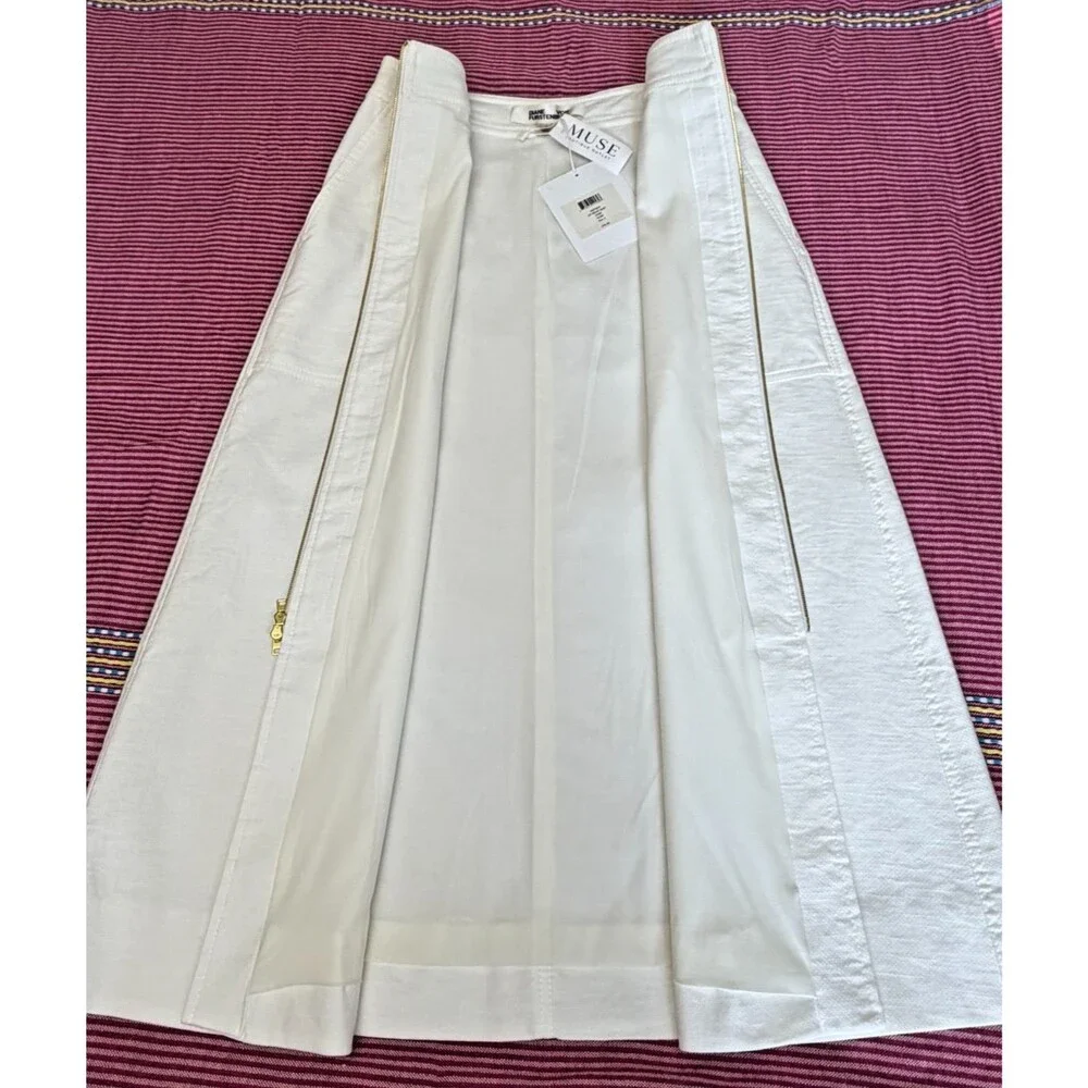 NWT Diane von Furstenberg Ivory Zip Front A-Line Midi Skirt Linen Cotton Sz 6